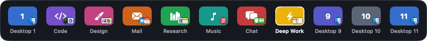 The hover strip: a horizontal row of desktop tiles with their names, Deep Work highlighted as current.