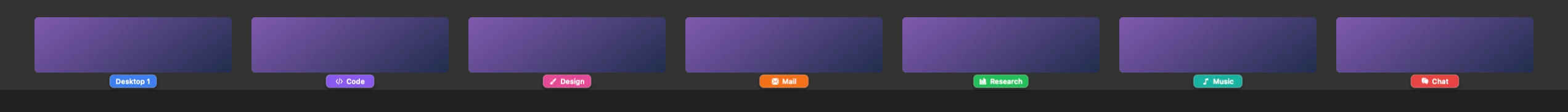 Mission Control’s thumbnail row with a colored name pill beneath each desktop: Desktop 1, Code, Desktop 3 and on.